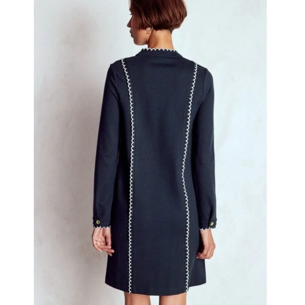 Boden Navy Blue Scalloped Ric Rac Trim Shift Dress Gold Buttons | Size US 10R - Picture 3 of 9